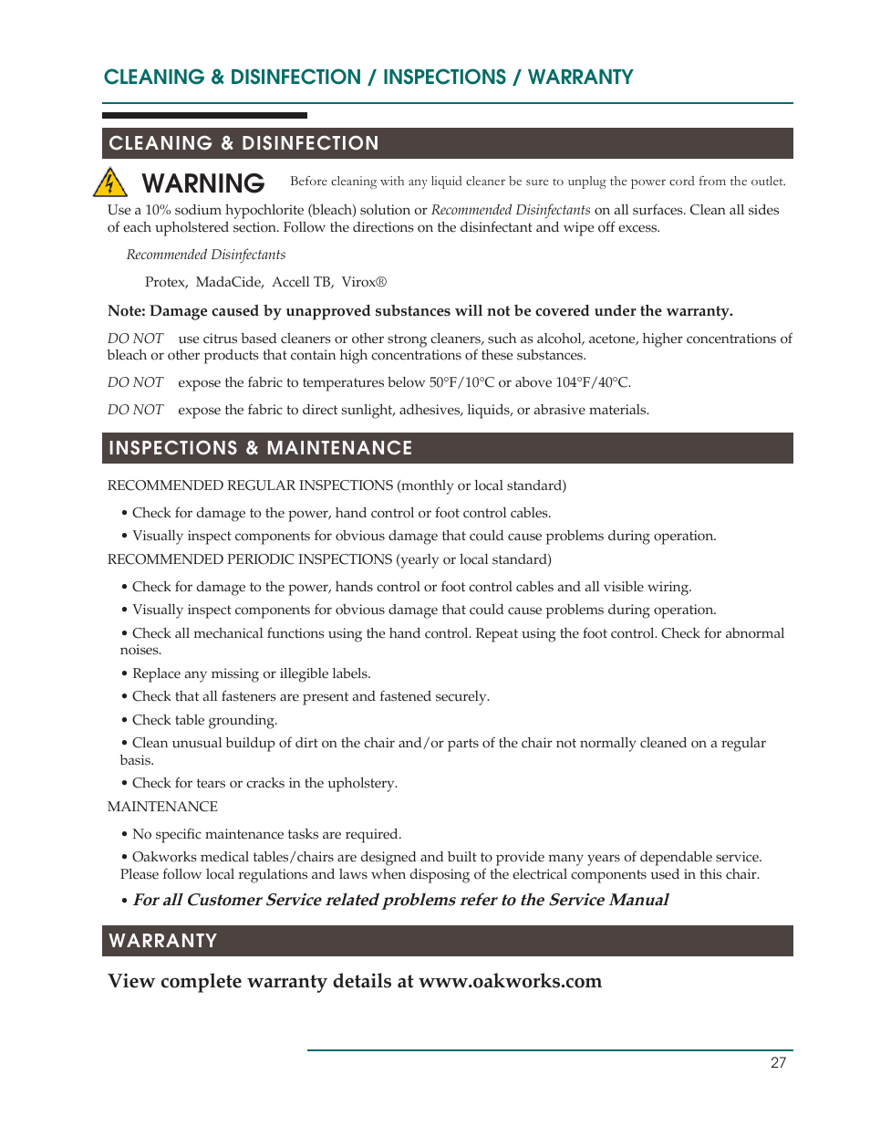Warning, Cleaning & disinfection / inspections / warranty | Oakworks Ultrasound / PG Series Rev.B User Manual | Page 30 / 36