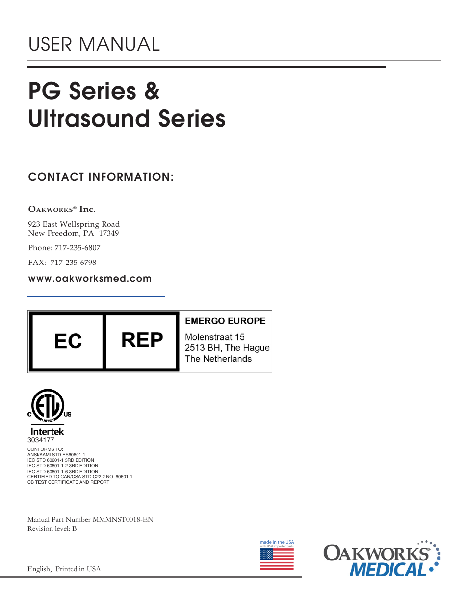 Pg series & ultrasound series, User manual, Contact information | Oakworks Ultrasound / PG Series Rev.B User Manual | Page 36 / 36