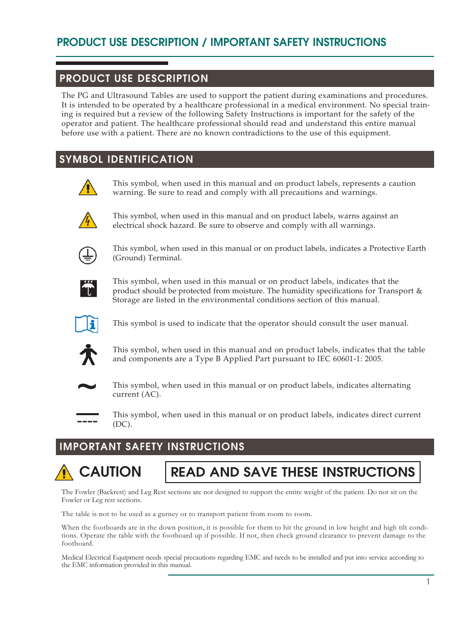 Caution, Read and save these instructions | Oakworks Ultrasound / PG Series Rev.B User Manual | Page 4 / 36
