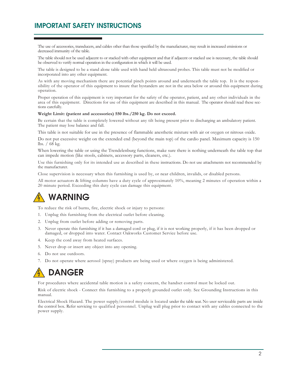 Warning, Danger, Important safety instructions | Oakworks Ultrasound / PG Series Rev.B User Manual | Page 5 / 36