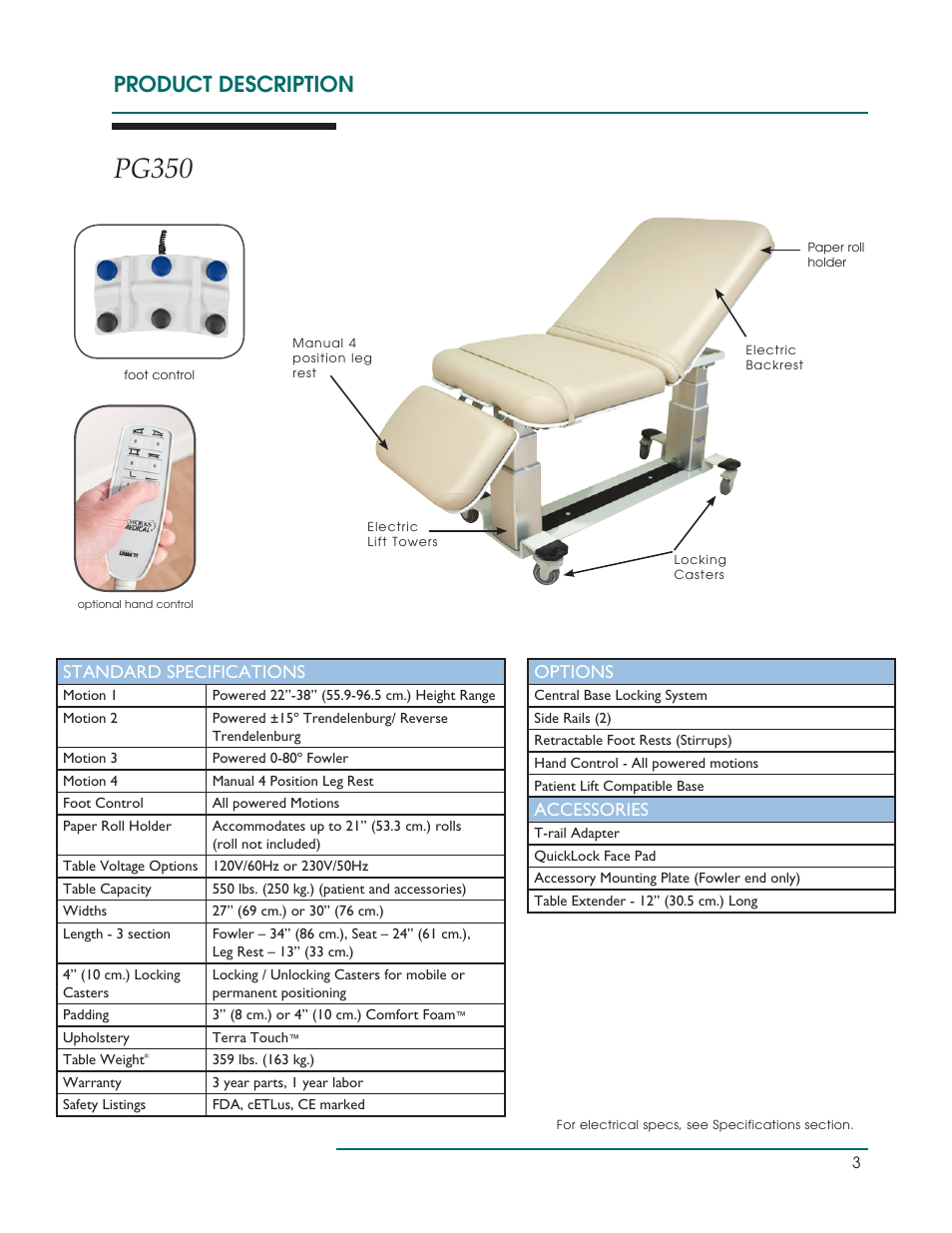 Pg350, Product description, Standard specifications | Options, Accessories | Oakworks Ultrasound / PG Series Rev.B User Manual | Page 6 / 36