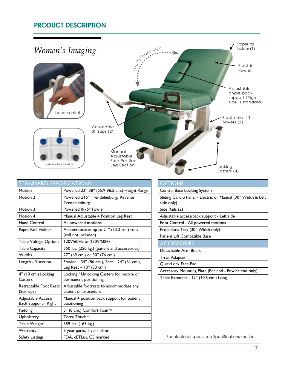 Women’s imaging, Product description, Standard specifications | Options, Accessories | Oakworks Ultrasound / PG Series Rev.A User Manual | Page 10 / 36