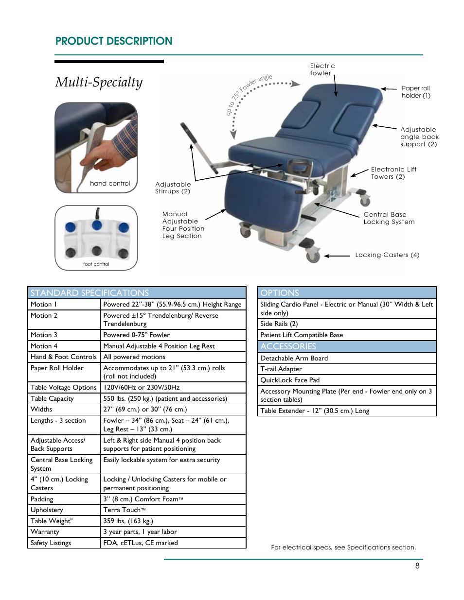 Multi-specialty, Product description, Standard specifications | Options, Accessories | Oakworks Ultrasound / PG Series Rev.A User Manual | Page 11 / 36