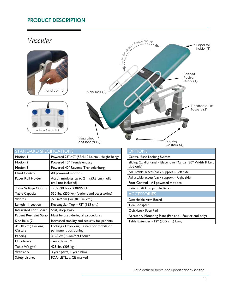 Vascular, Product description, Standard specifications | Options, Accessories | Oakworks Ultrasound / PG Series Rev.A User Manual | Page 14 / 36