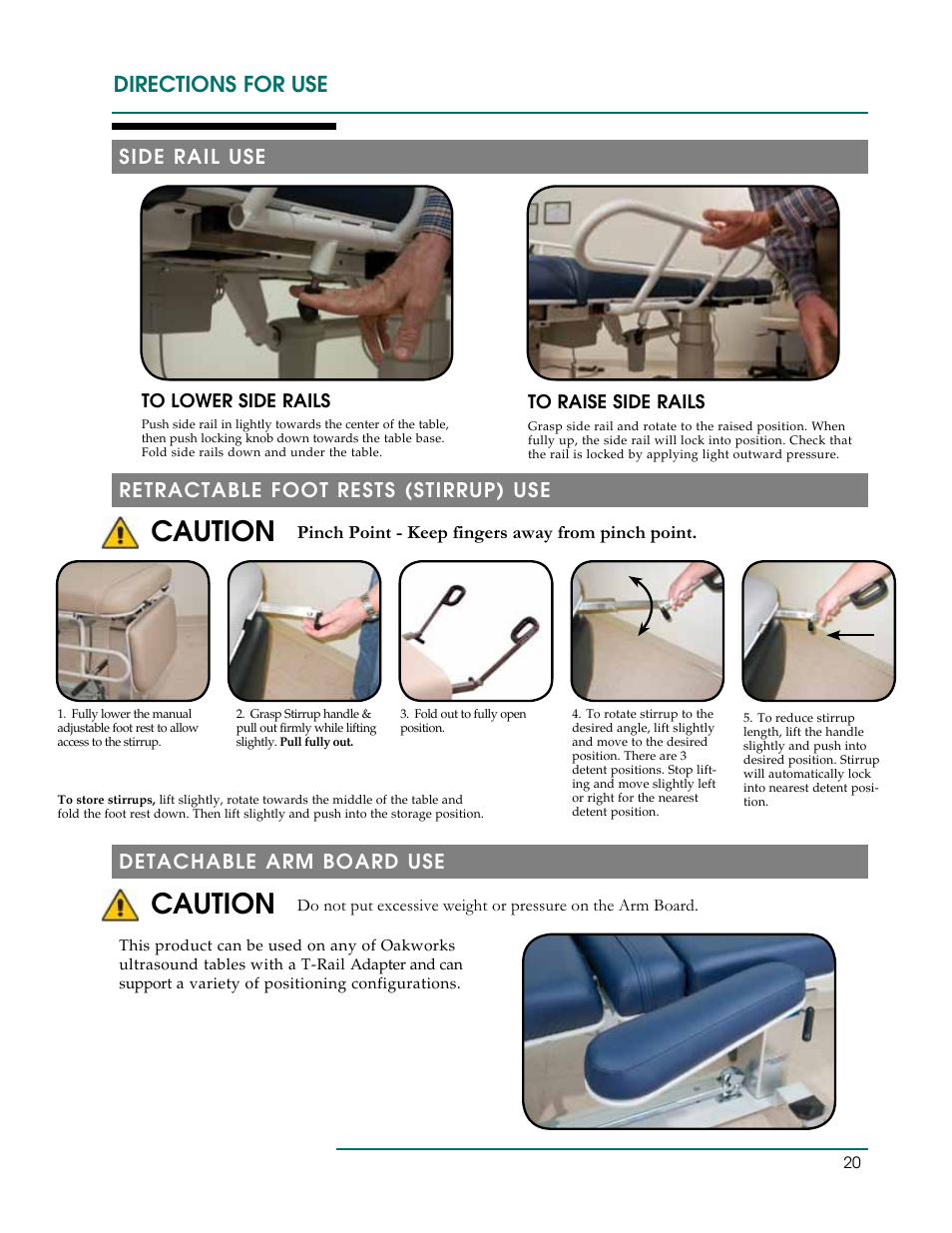 Caution, Directions for use, Side rail use retractable foot rests (stirrup) use | Detachable arm board use, Pinch point - keep fingers away from pinch point | Oakworks Ultrasound / PG Series Rev.A User Manual | Page 23 / 36