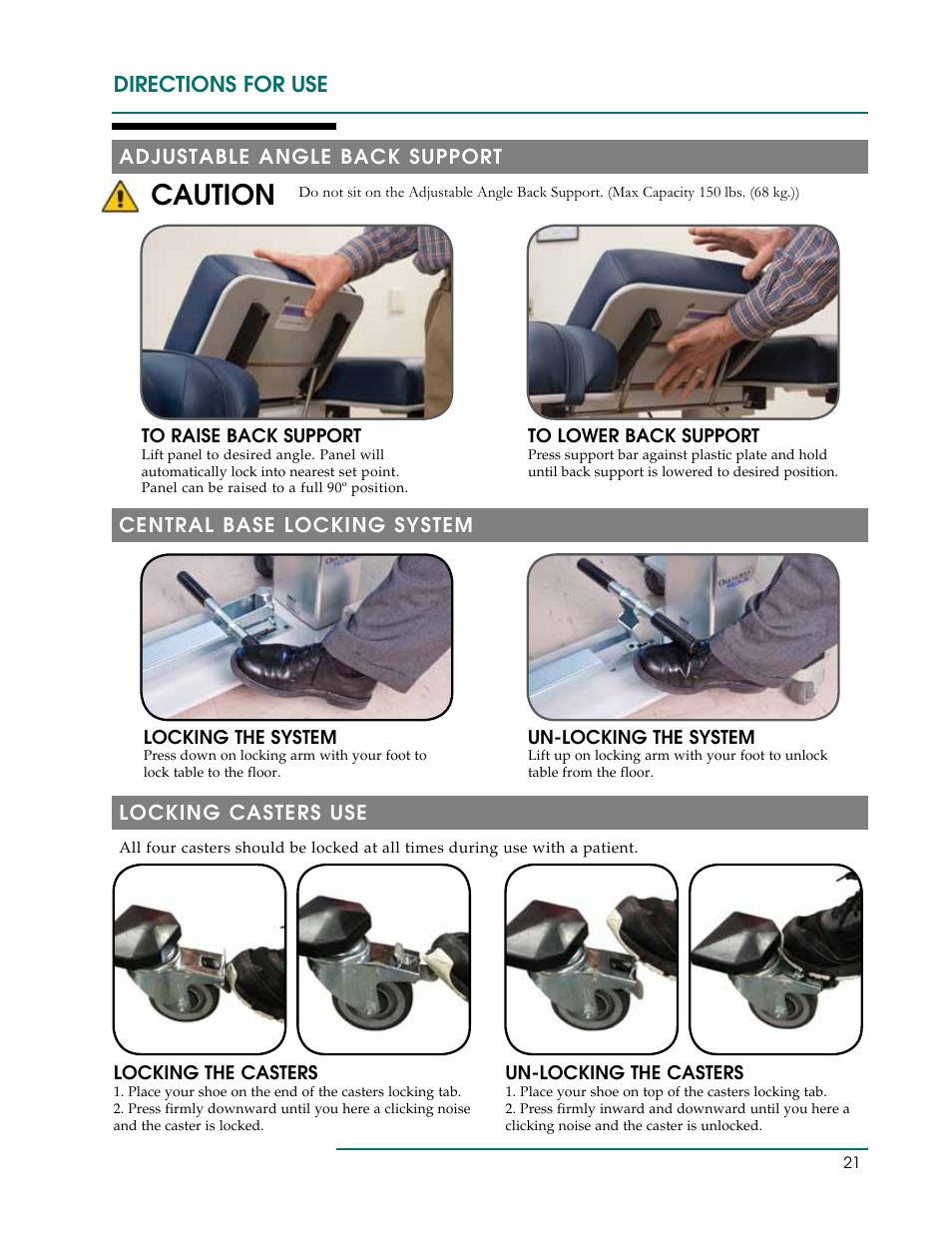 Caution, Directions for use, Adjustable angle back support | Central base locking system locking casters use | Oakworks Ultrasound / PG Series Rev.A User Manual | Page 24 / 36