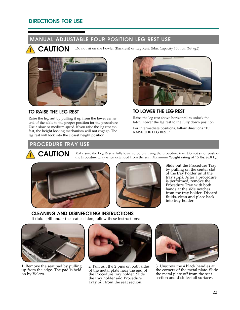Caution, Directions for use, Manual adjustable four position leg rest use | Procedure tray use | Oakworks Ultrasound / PG Series Rev.A User Manual | Page 25 / 36