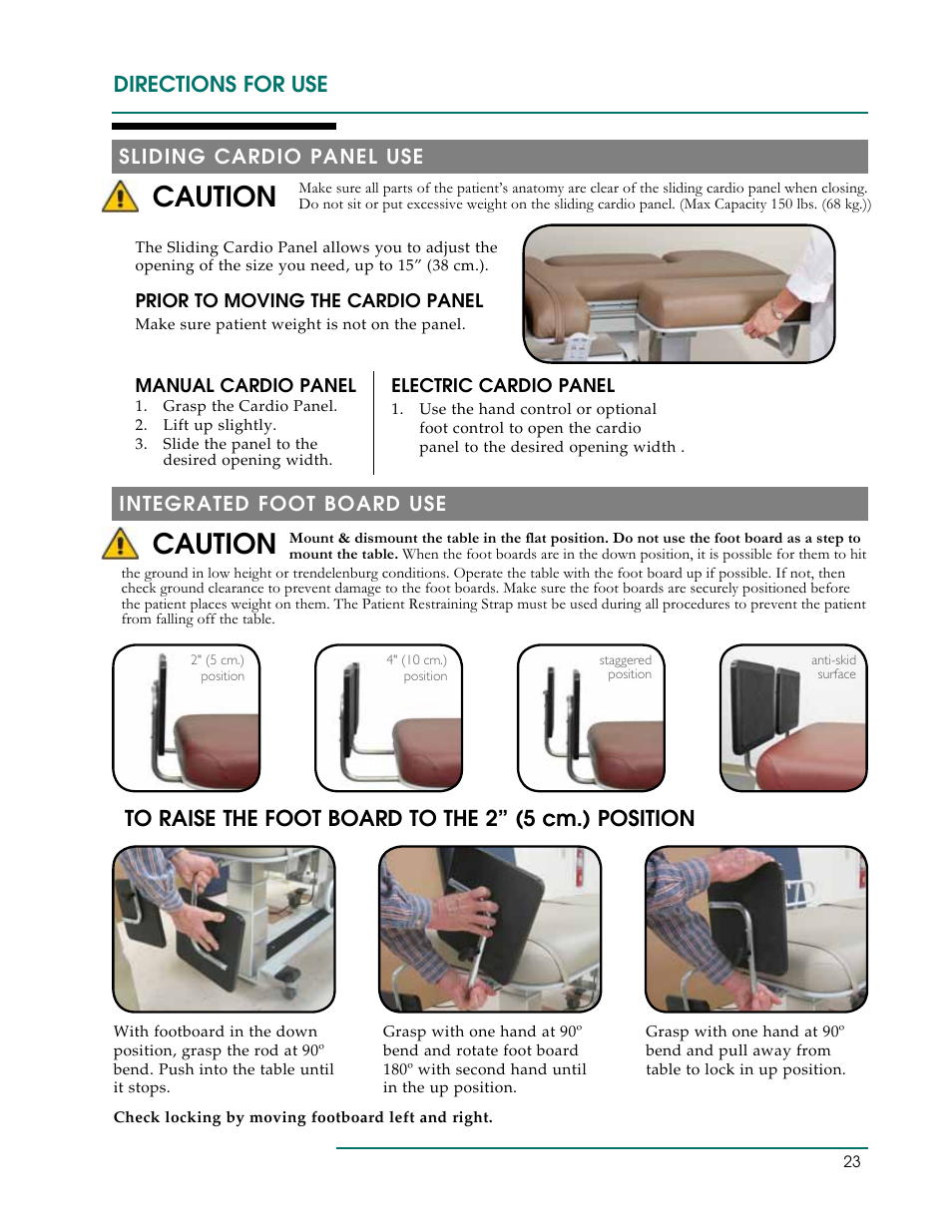 Caution, Sliding cardio panel use, Integrated foot board use | Oakworks Ultrasound / PG Series Rev.A User Manual | Page 26 / 36