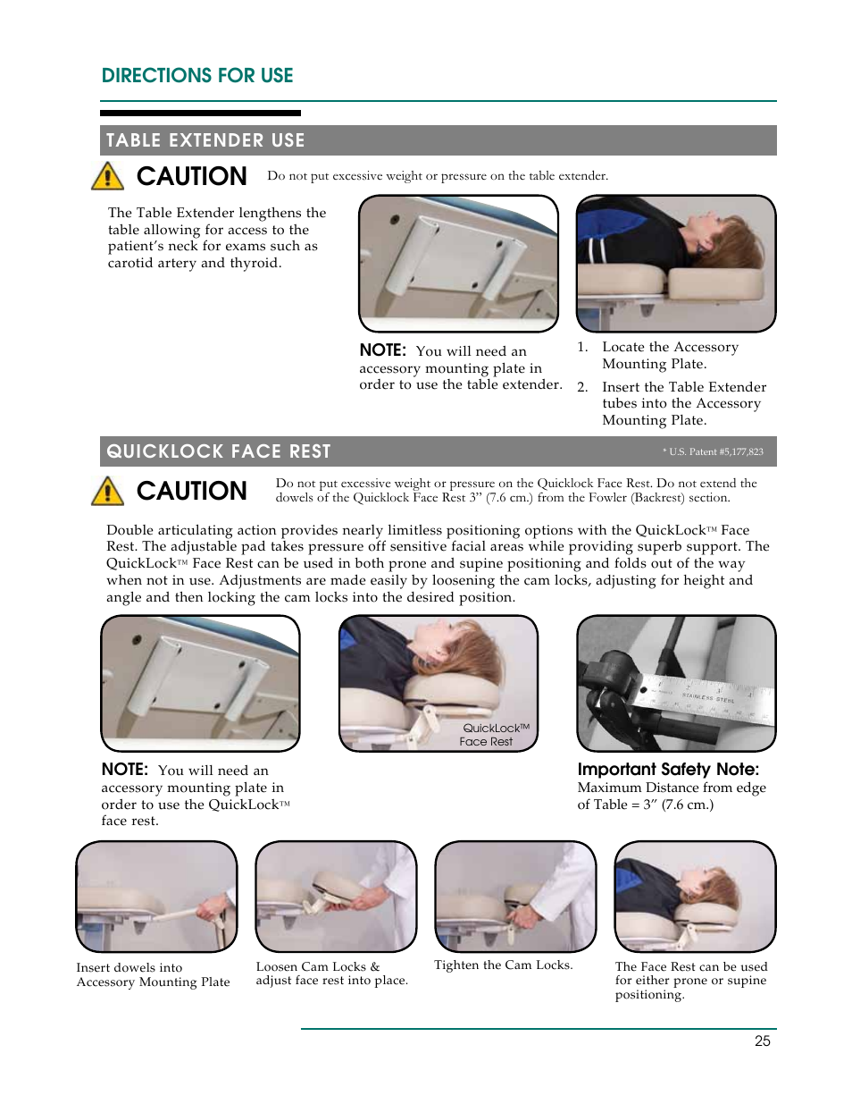 Caution, Directions for use, Table extender use | Quicklock face rest | Oakworks Ultrasound / PG Series Rev.A User Manual | Page 28 / 36