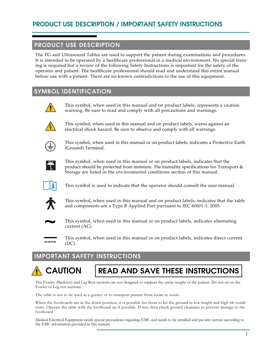 Caution, Read and save these instructions | Oakworks Ultrasound / PG Series Rev.A User Manual | Page 4 / 36