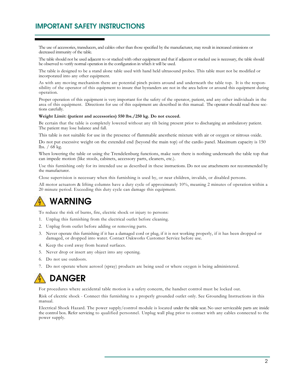 Warning, Danger, Important safety instructions | Oakworks Ultrasound / PG Series Rev.A User Manual | Page 5 / 36