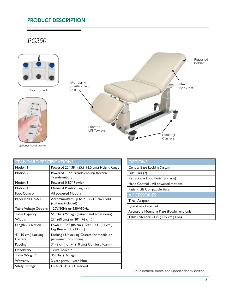 Pg350, Product description, Standard specifications | Options, Accessories | Oakworks Ultrasound / PG Series Rev.A User Manual | Page 6 / 36