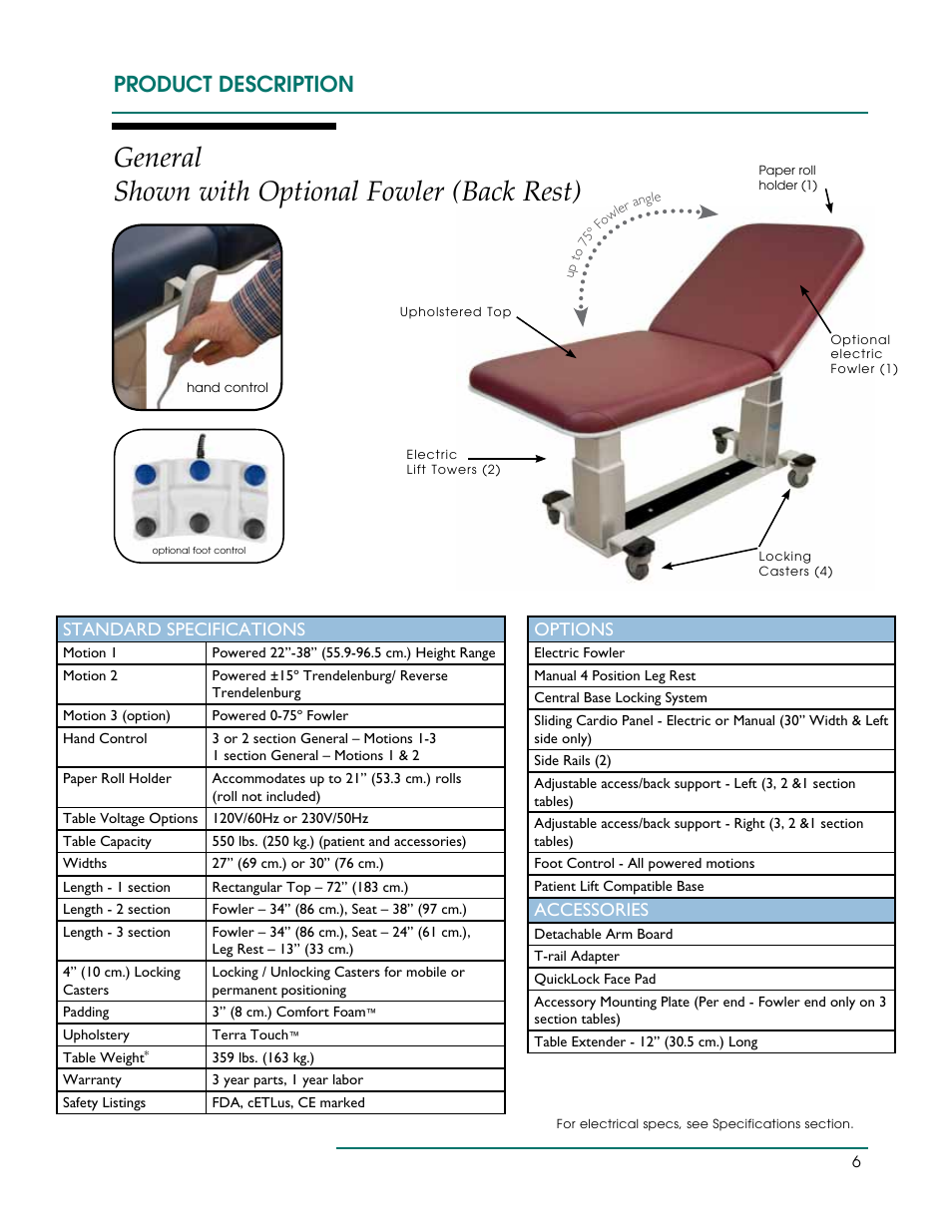 General shown with optional fowler (back rest), Product description, Standard specifications | Options, Accessories | Oakworks Ultrasound / PG Series Rev.A User Manual | Page 9 / 36