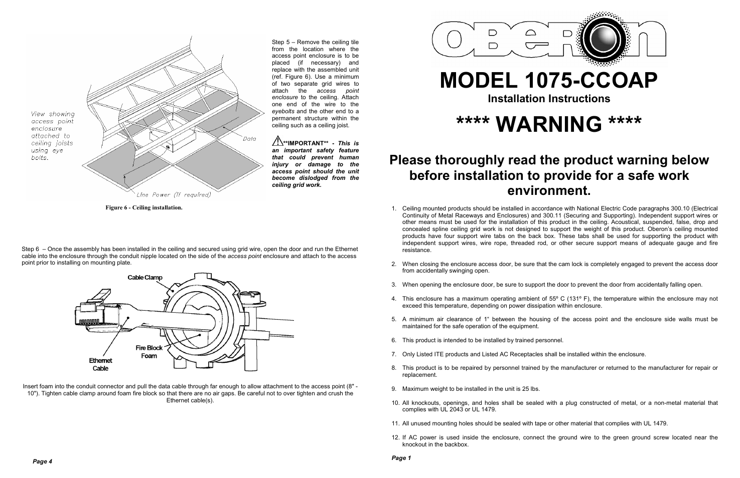 Model 1075-ccoap, Warning, Installation instructions | Oberon 1075-CCOAP User Manual | Page 2 / 2