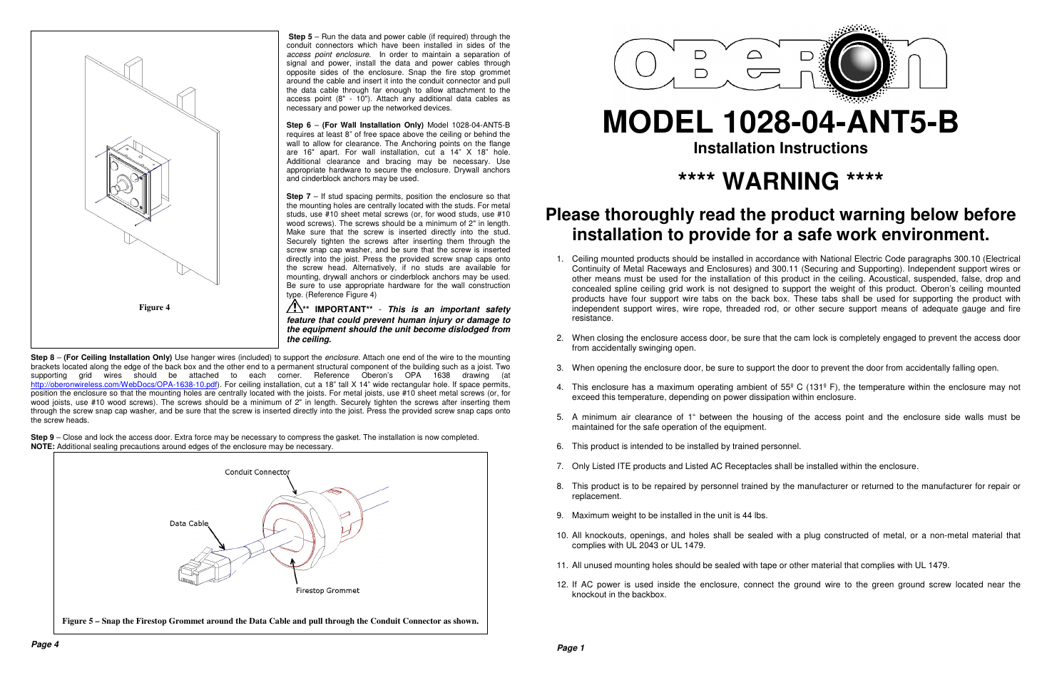 Warning, Installation instructions | Oberon 1028-04-ANT5-B User Manual | Page 2 / 2