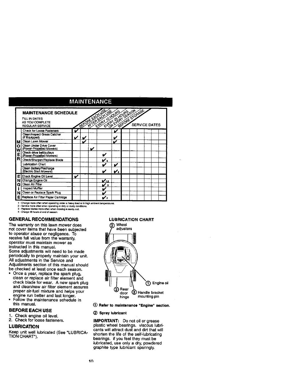 Maintenance, General recommendations, Before each use | Lubrication | Craftsman 917.388731 User Manual | Page 10 / 25