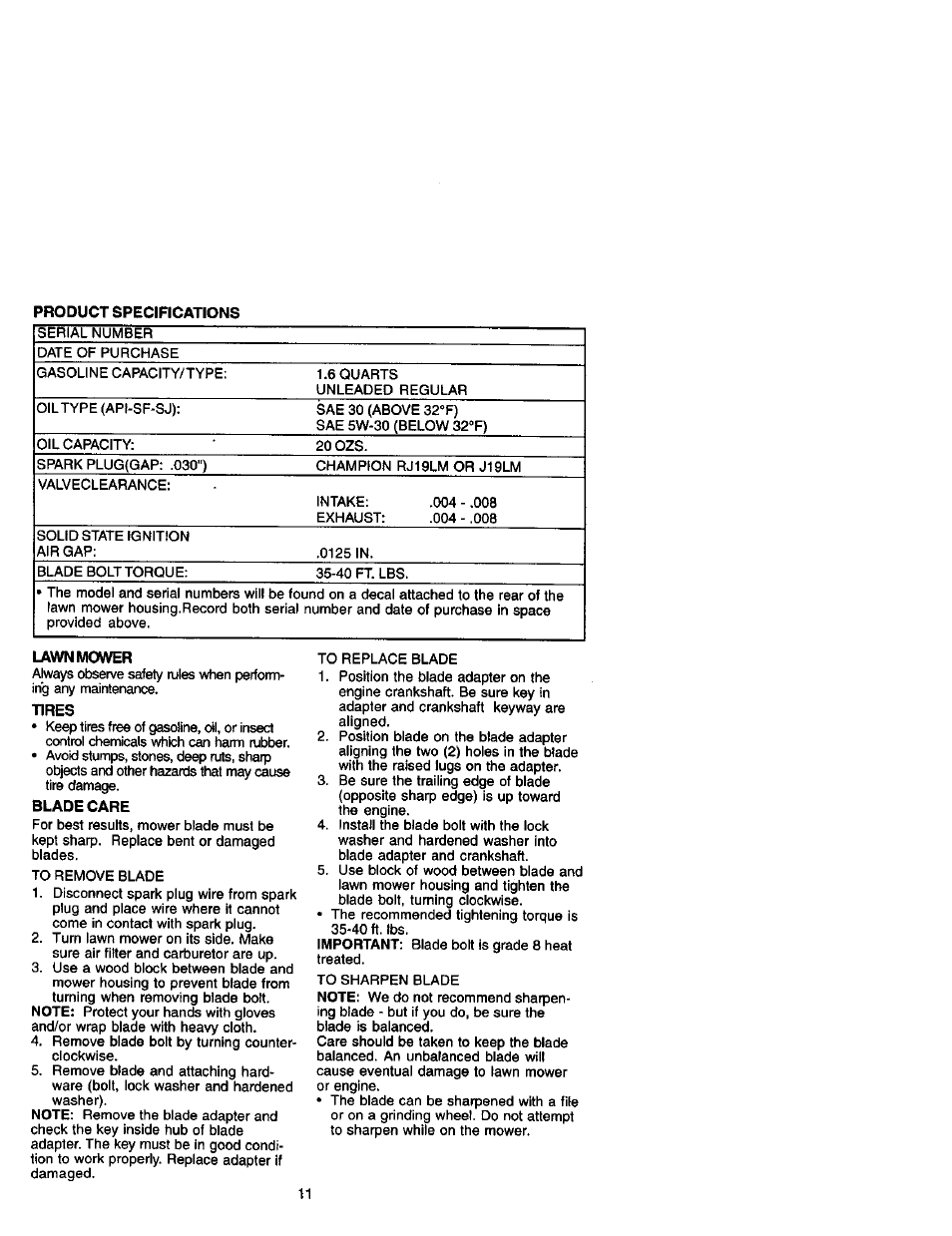 Lawn mower, Tires, Blade care | Craftsman 917.388731 User Manual | Page 11 / 25