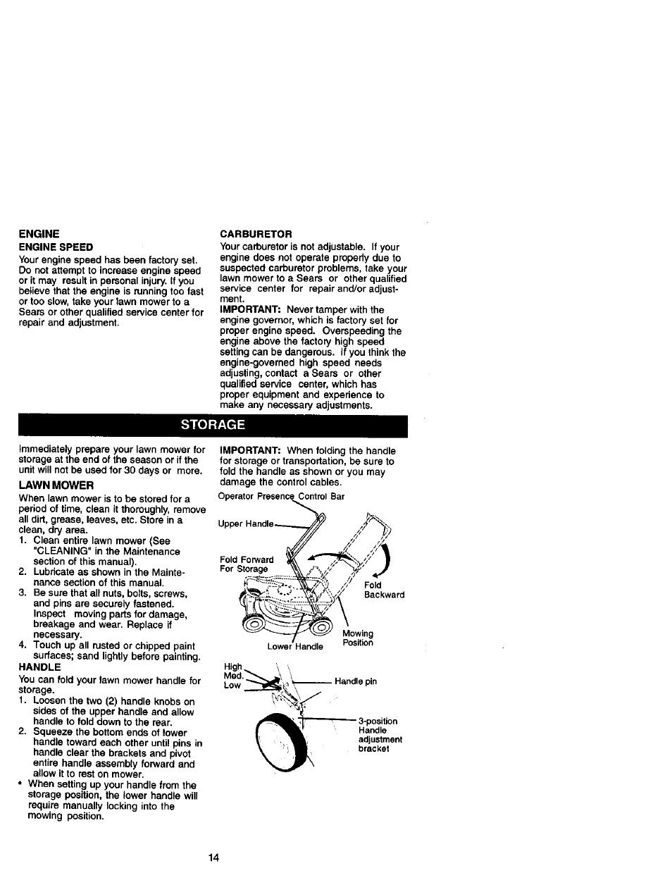 Engine engine speed, Storage, Lawn mower | Craftsman 917.388731 User Manual | Page 14 / 25