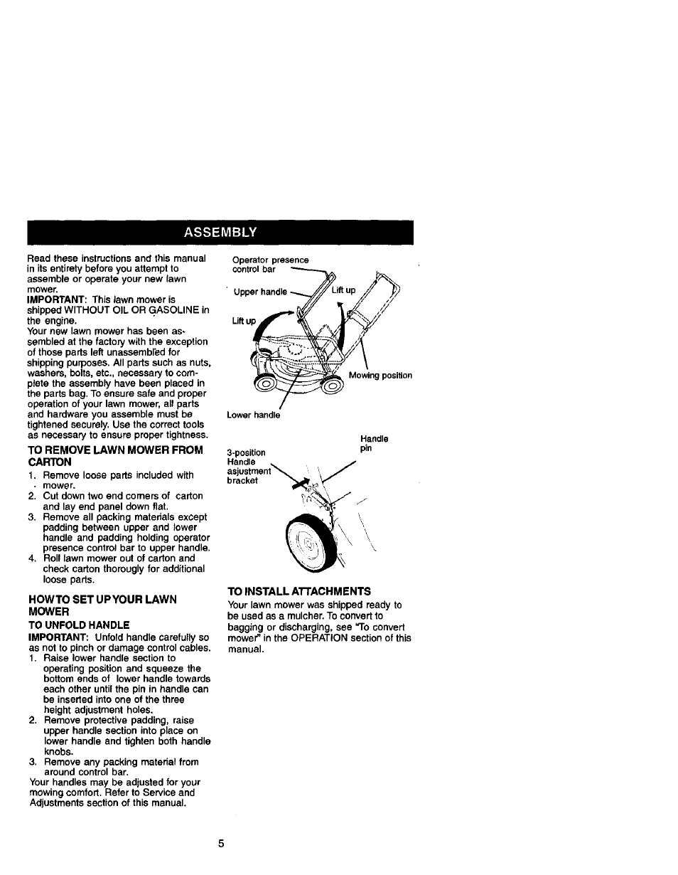 Assembly, To remove lawn mower from carton, Howto set up your lawn mower | To install attachments | Craftsman 917.388731 User Manual | Page 5 / 25