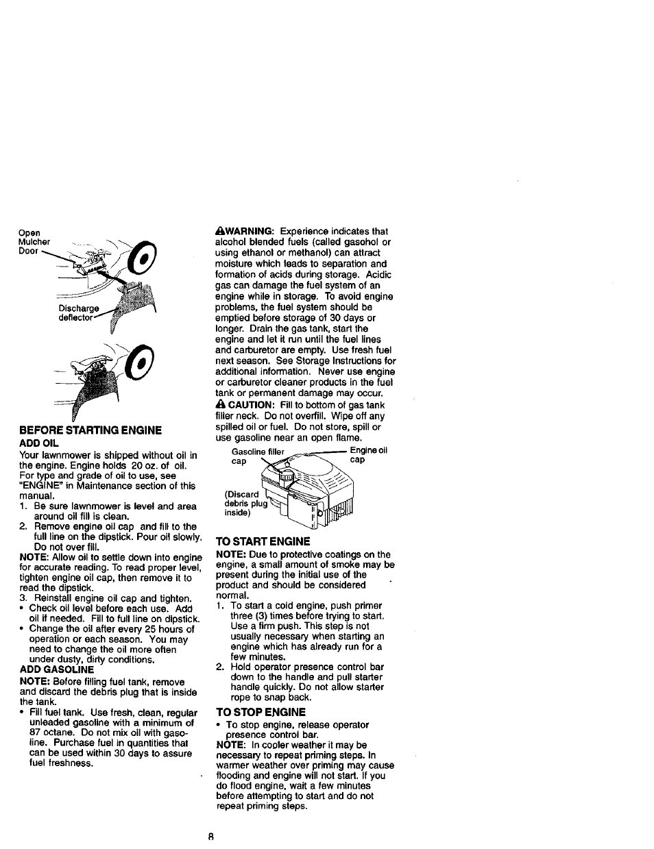 Before starting engine add oil, To start engine, To stop engine | Craftsman 917.388731 User Manual | Page 8 / 25