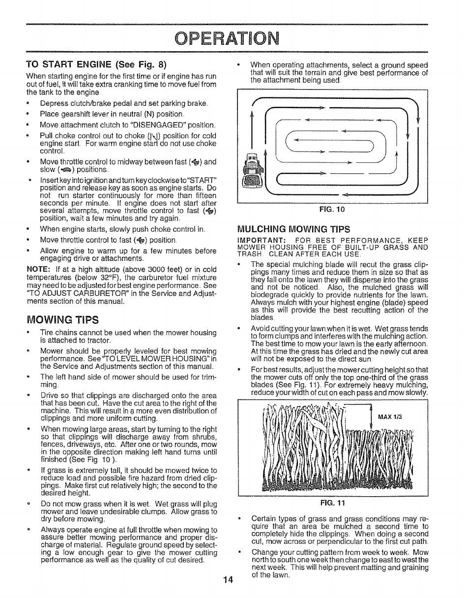 To start engine (see fig. 8), Mulching mowing tips, Operation | Mowing tips | Craftsman 917.252560 User Manual | Page 14 / 56