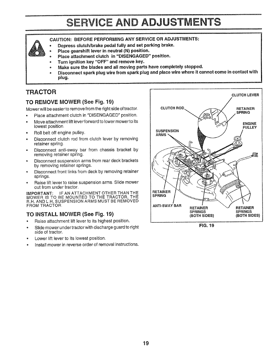 Tractor, To remove mower (see fig. 19), To install mower (see fig. 19) | Service and adjustments | Craftsman 917.252560 User Manual | Page 19 / 56
