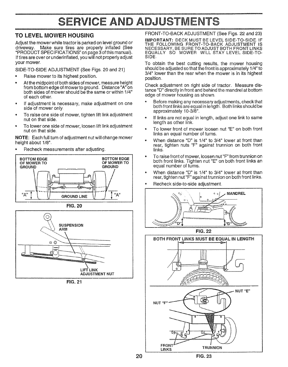 To level mower housino, Service and, Adjustments | Craftsman 917.252560 User Manual | Page 20 / 56