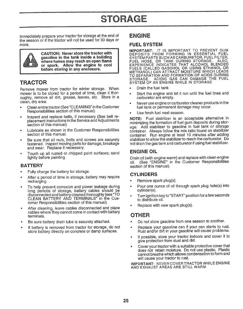 Tractor, Engine, Other | Storage | Craftsman 917.252560 User Manual | Page 25 / 56