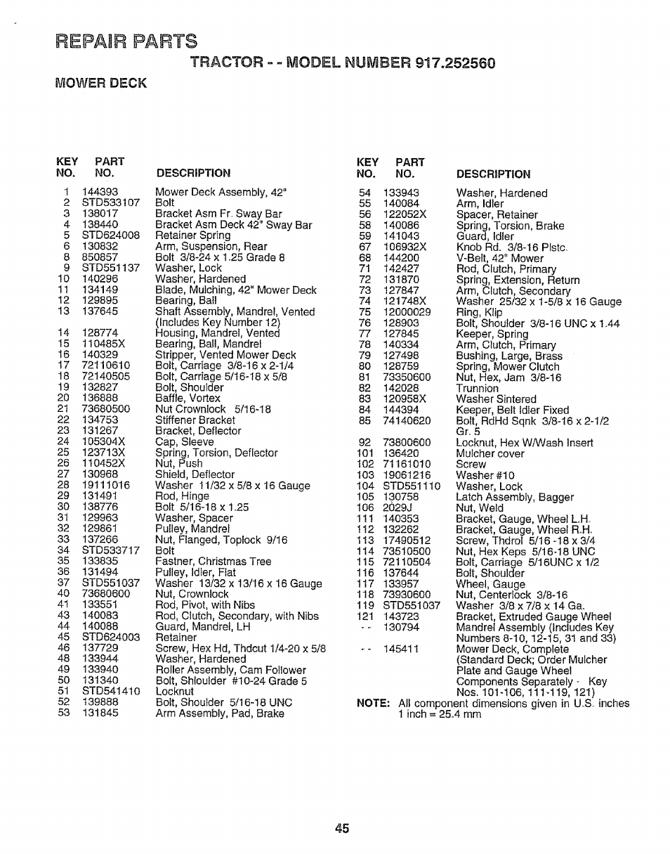 Repair, Parts | Craftsman 917.252560 User Manual | Page 45 / 56