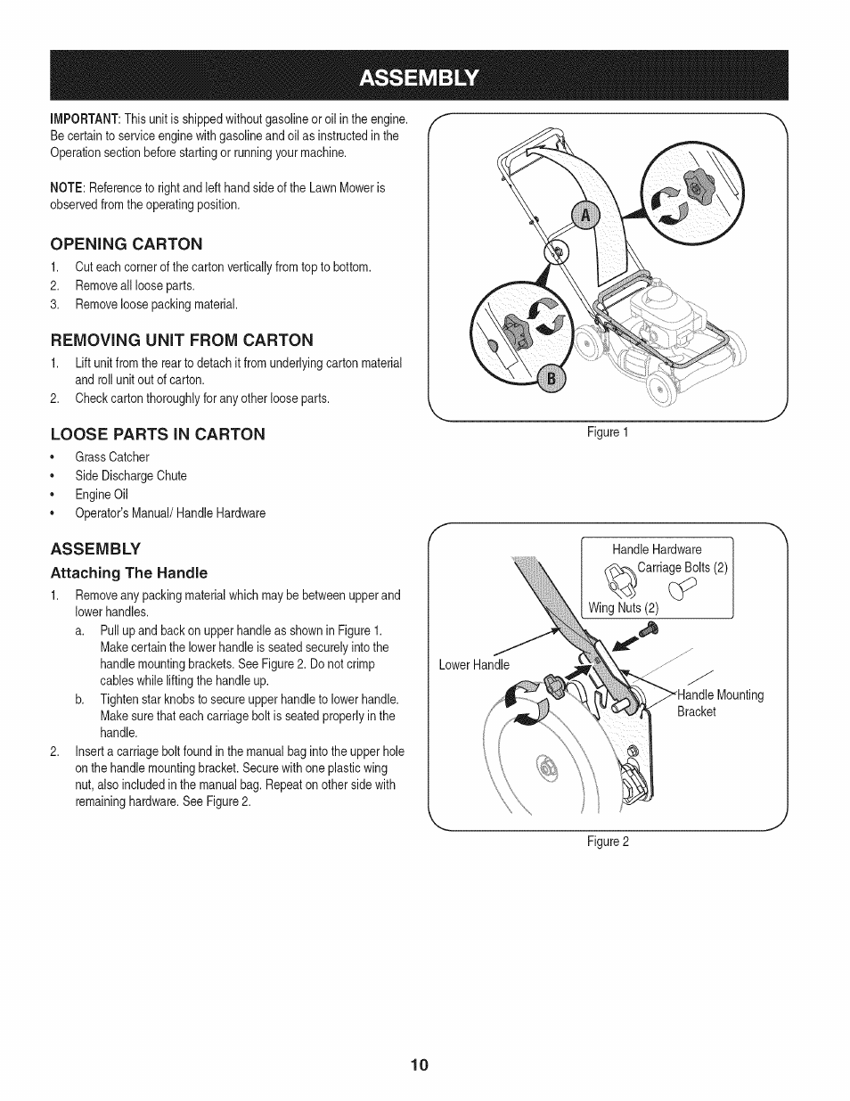 Opening carton, Removing unit from carton, Loose parts in carton | Assembly attaching the handle, Assembly | Craftsman 247.37683 User Manual | Page 10 / 68