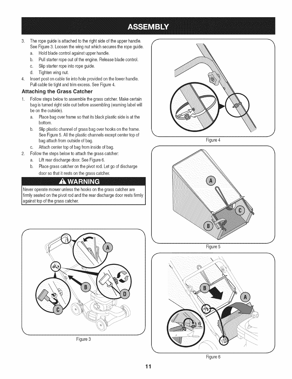 Attaching the grass catcher, Awarning, Assembly | Warning | Craftsman 247.37683 User Manual | Page 11 / 68