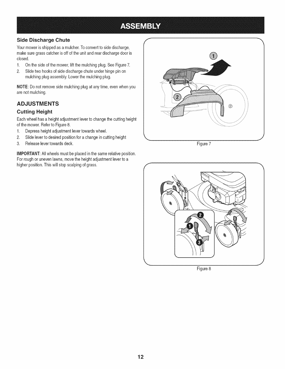 Side discharge chute, Adjustments cutting height, Assembly | Craftsman 247.37683 User Manual | Page 12 / 68