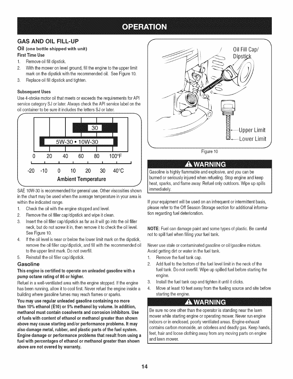 Ambient temperature, Gasoline, Awarning | Operation, Warning, Gas and oil fill-up | Craftsman 247.37683 User Manual | Page 14 / 68
