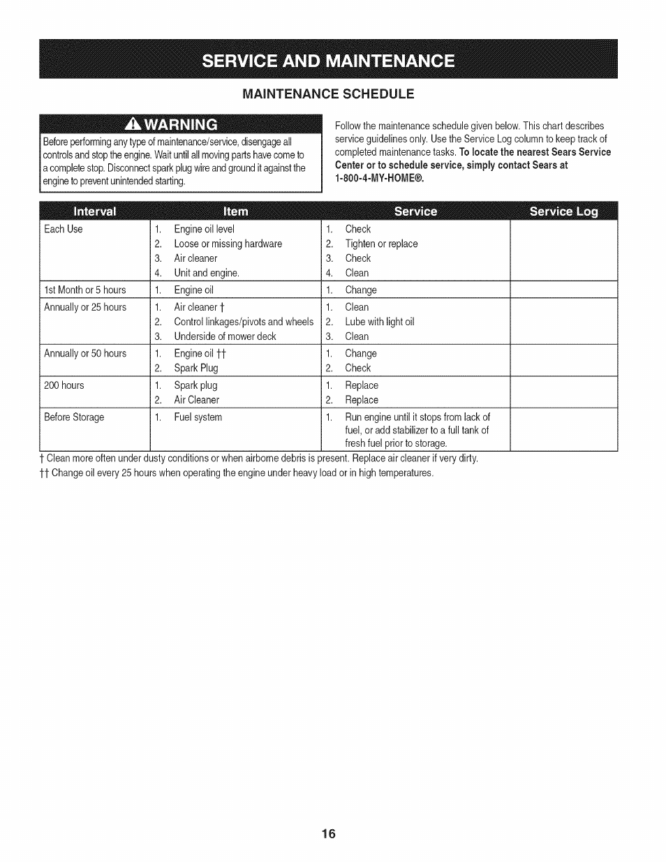 Awarning, Service and maintenance, Warning | Maintenance schedule, Interval item service service log | Craftsman 247.37683 User Manual | Page 16 / 68