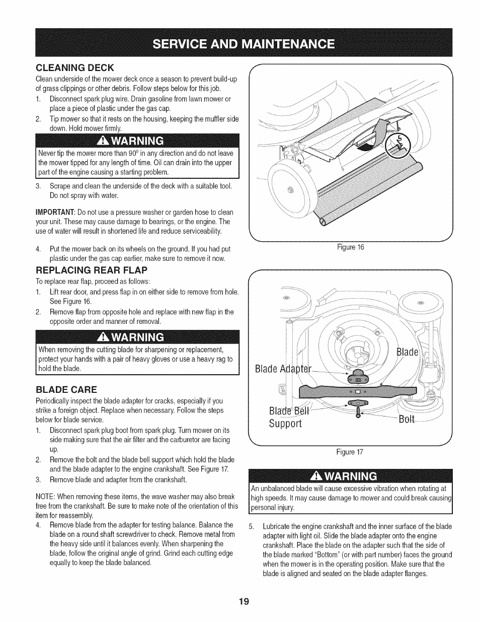 Awarning, Replacing rear flap, Blade care | Service and maintenance, Warning, Blade blade adapter, Blade bell support bolt, Cleaning deck | Craftsman 247.37683 User Manual | Page 19 / 68