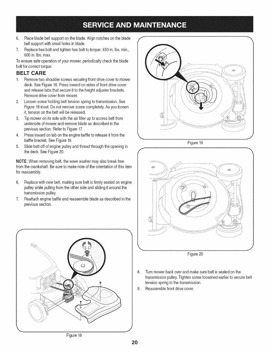 Belt care, Service and maintenance | Craftsman 247.37683 User Manual | Page 20 / 68