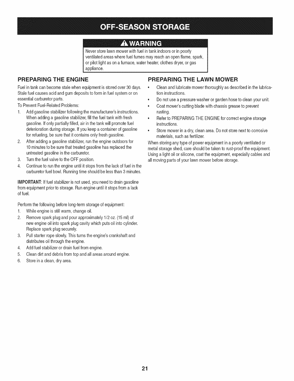 Awarning, Preparing the engine, Preparing the lawn mower | Off-season storag, Warning | Craftsman 247.37683 User Manual | Page 21 / 68
