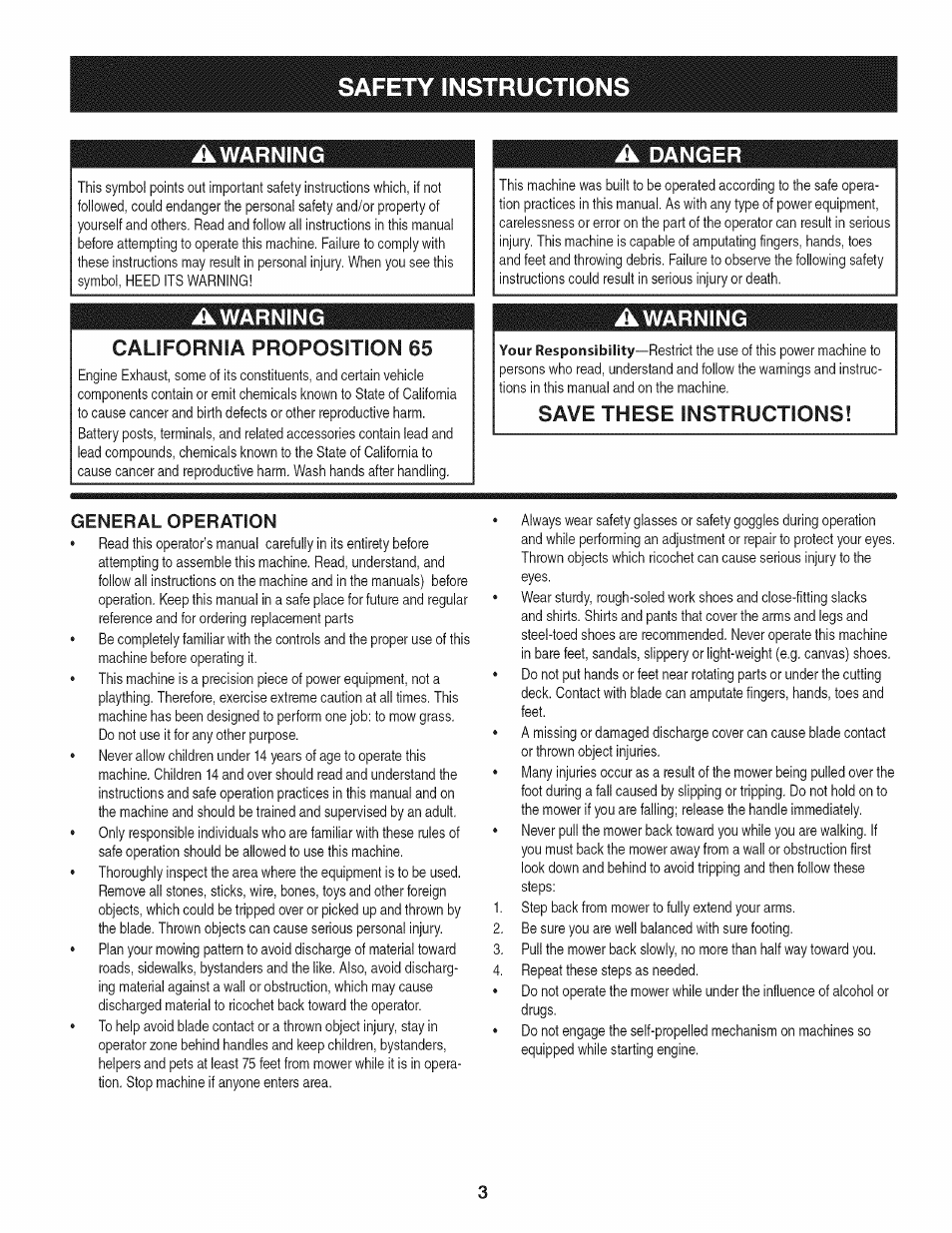 Awarning, California proposition 65, Save these instructions | General operation, Safety instructions, Awarning california proposition 65, Danger | Craftsman 247.37683 User Manual | Page 3 / 68