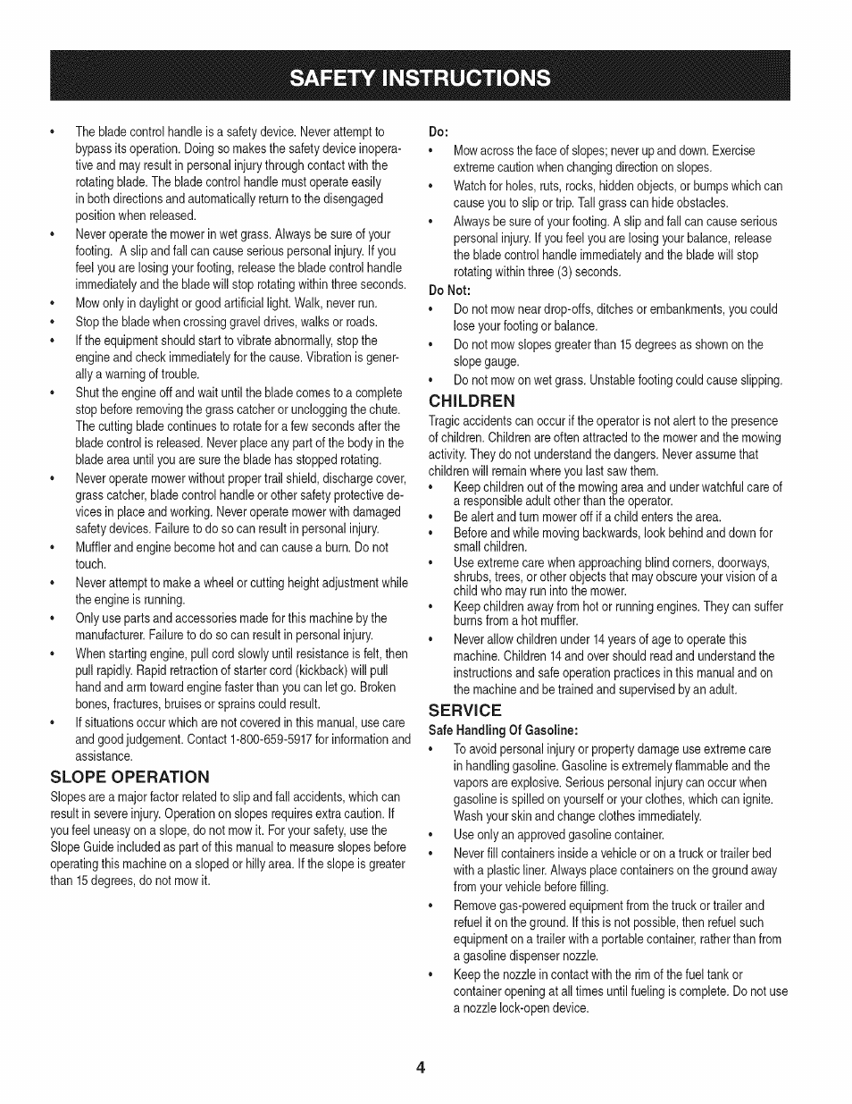 Slope operation, Children, Service | Safety instruction | Craftsman 247.37683 User Manual | Page 4 / 68