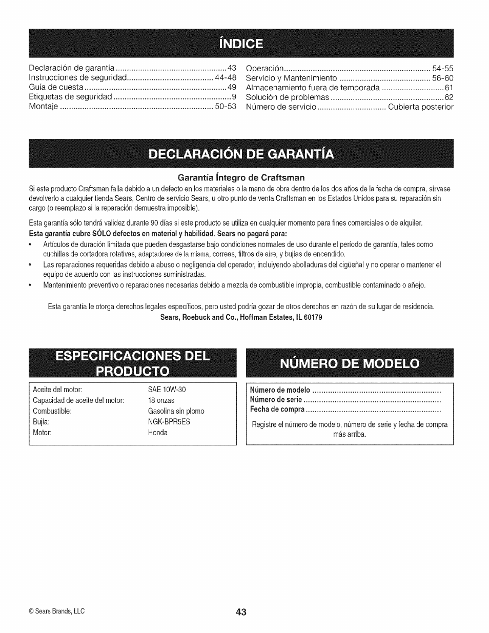 Declaracion de garantia, Especificaciones del producto numero de modelo | Craftsman 247.37683 User Manual | Page 43 / 68