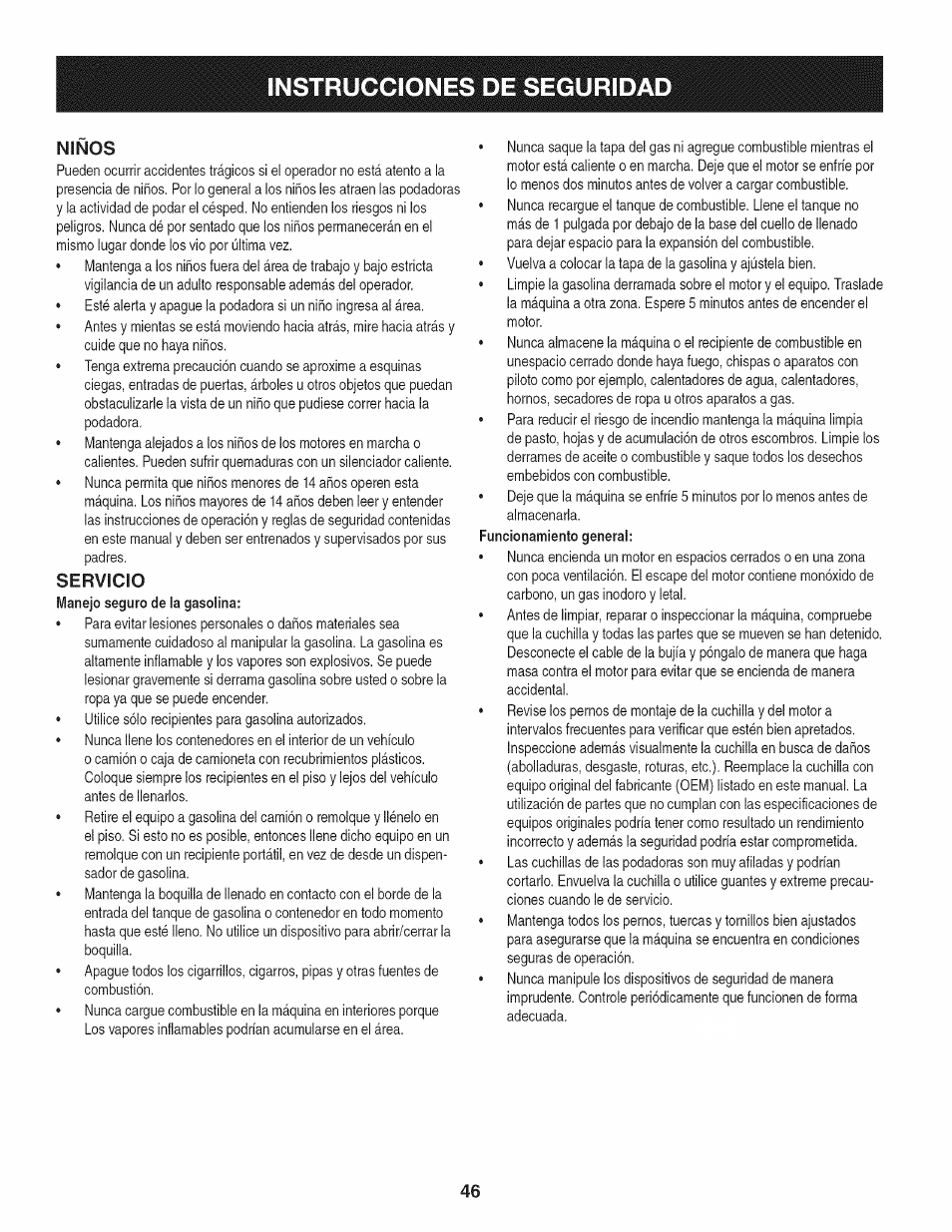 Servicio, Instrucciones de segurida, Ñiños | Craftsman 247.37683 User Manual | Page 46 / 68