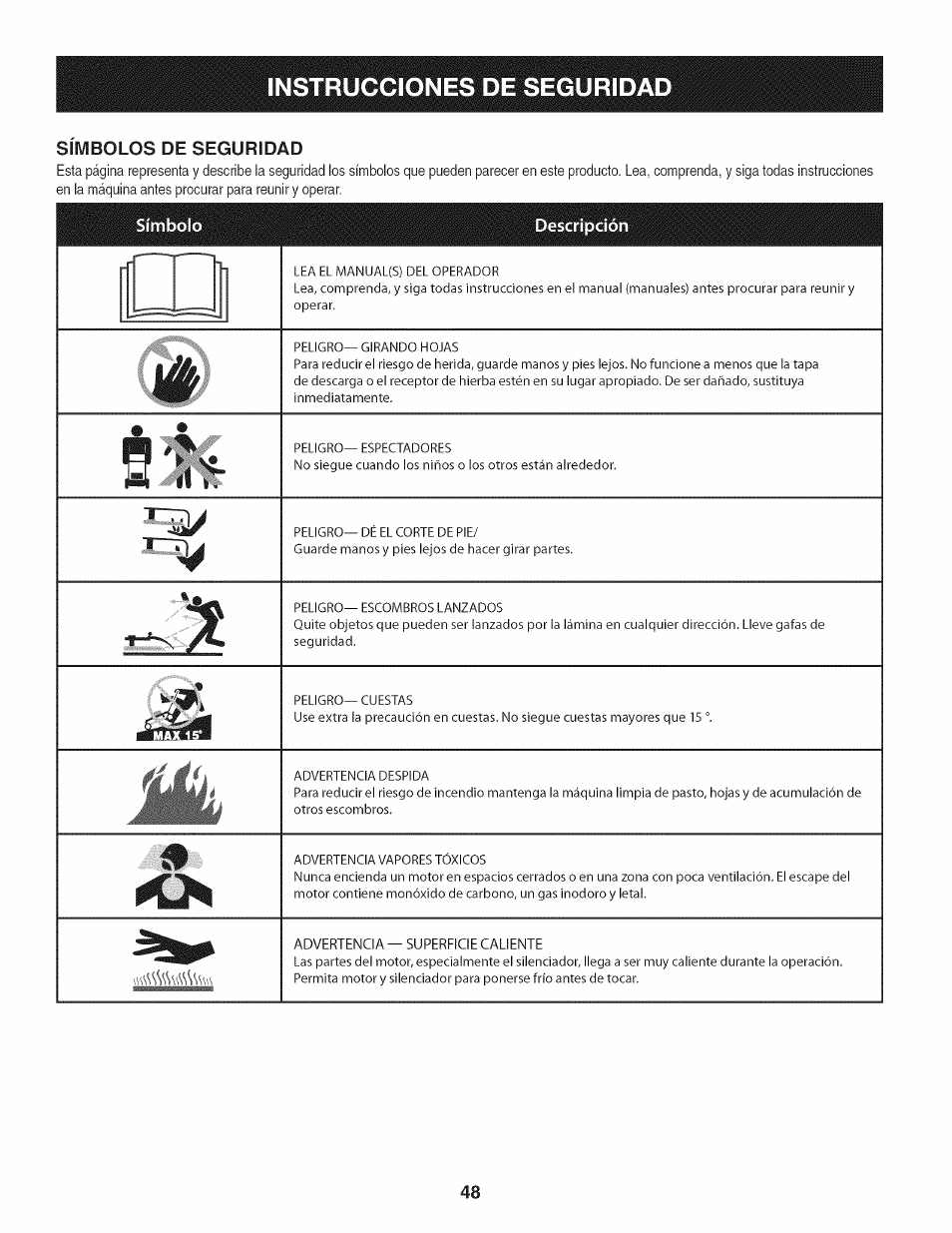 Instrucciones de segurida, Simbolos de seguridad | Craftsman 247.37683 User Manual | Page 48 / 68
