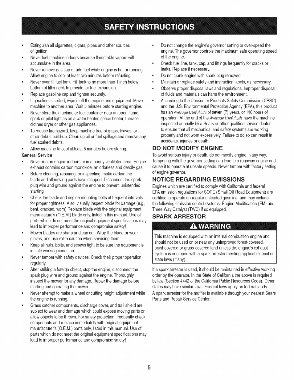 Do not modify engine, Notice regarding emissions, Spark arrestor | Awarning, Safety instructions, Warning | Craftsman 247.37683 User Manual | Page 5 / 68