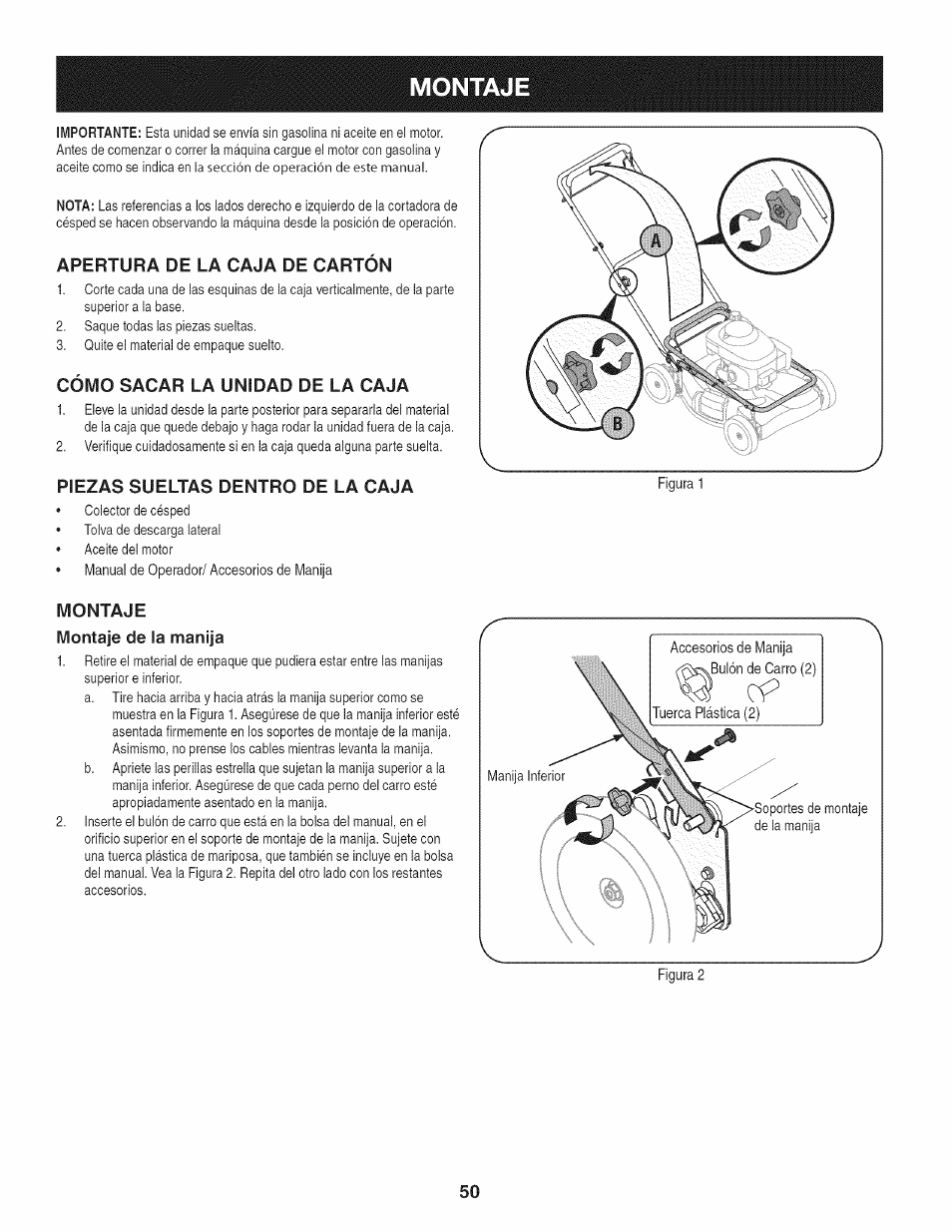 Apertura de la caja de cartón, Cómo sacar la unidad de la caja, Piezas sueltas dentro de la caja | Montaje, Montaje de la manija, Montaje montaje de la manija | Craftsman 247.37683 User Manual | Page 50 / 68