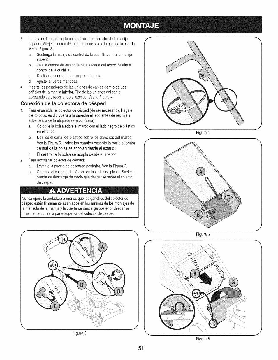 Conexión de la colectora de césped, Aadvertencia, Montaje | Craftsman 247.37683 User Manual | Page 51 / 68