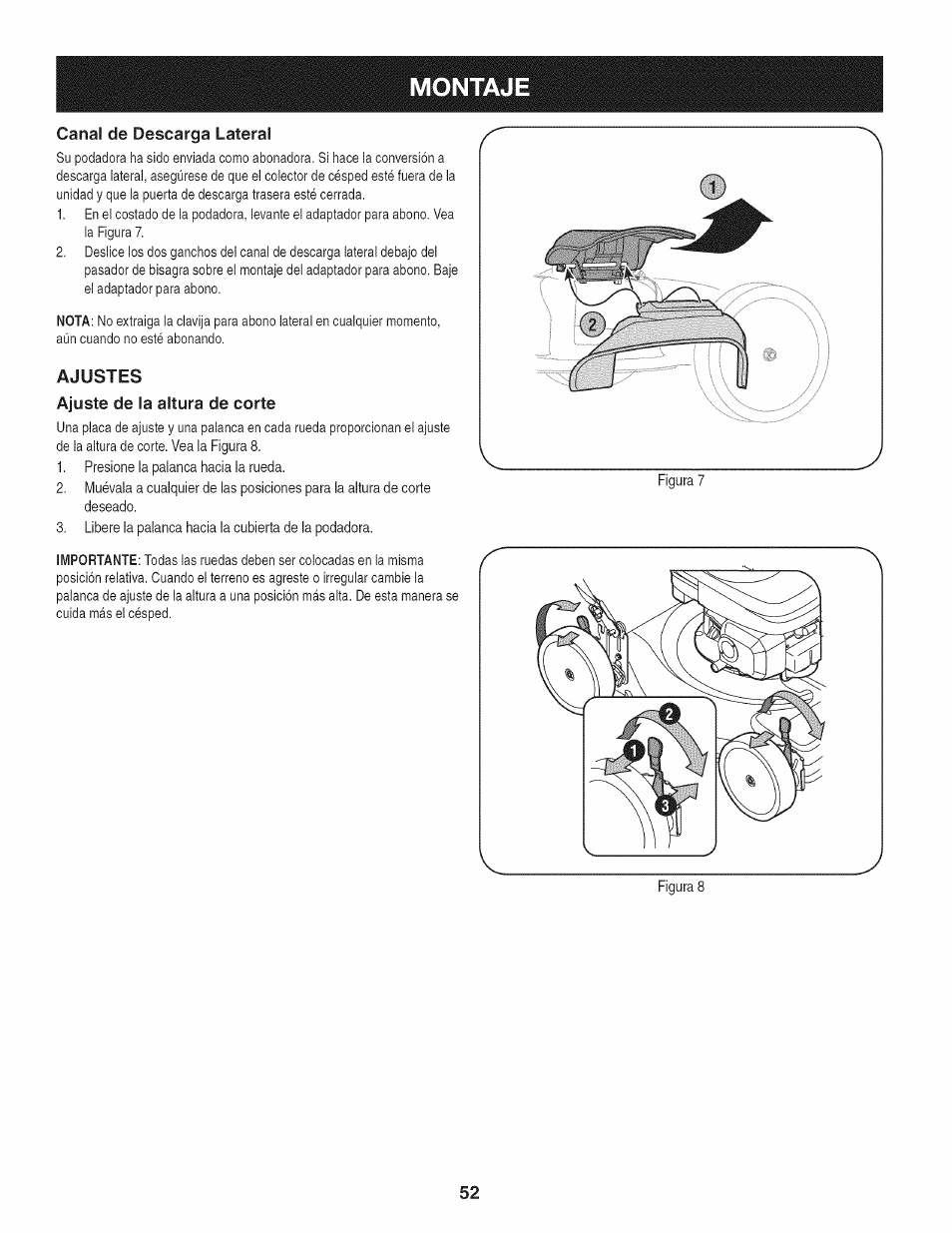 Canal de descarga lateral, Ajustes, Ajuste de la altura de corte | Ajustes ajuste de la altura de corte | Craftsman 247.37683 User Manual | Page 52 / 68