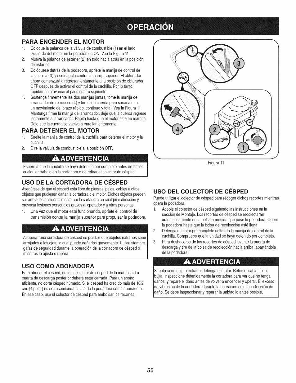 Para detener el motor, Aadvertencia, Uso de la cortadora de cesped | Uso como abonadora, Uso del colector de cesped, Operacion, Para encender el motor | Craftsman 247.37683 User Manual | Page 55 / 68