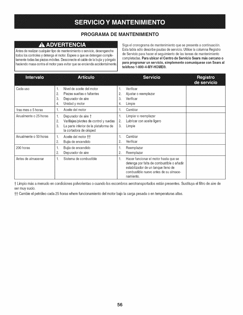 A advertencia, Servicio y mantenimient, Programa de mantenimiento | Craftsman 247.37683 User Manual | Page 56 / 68