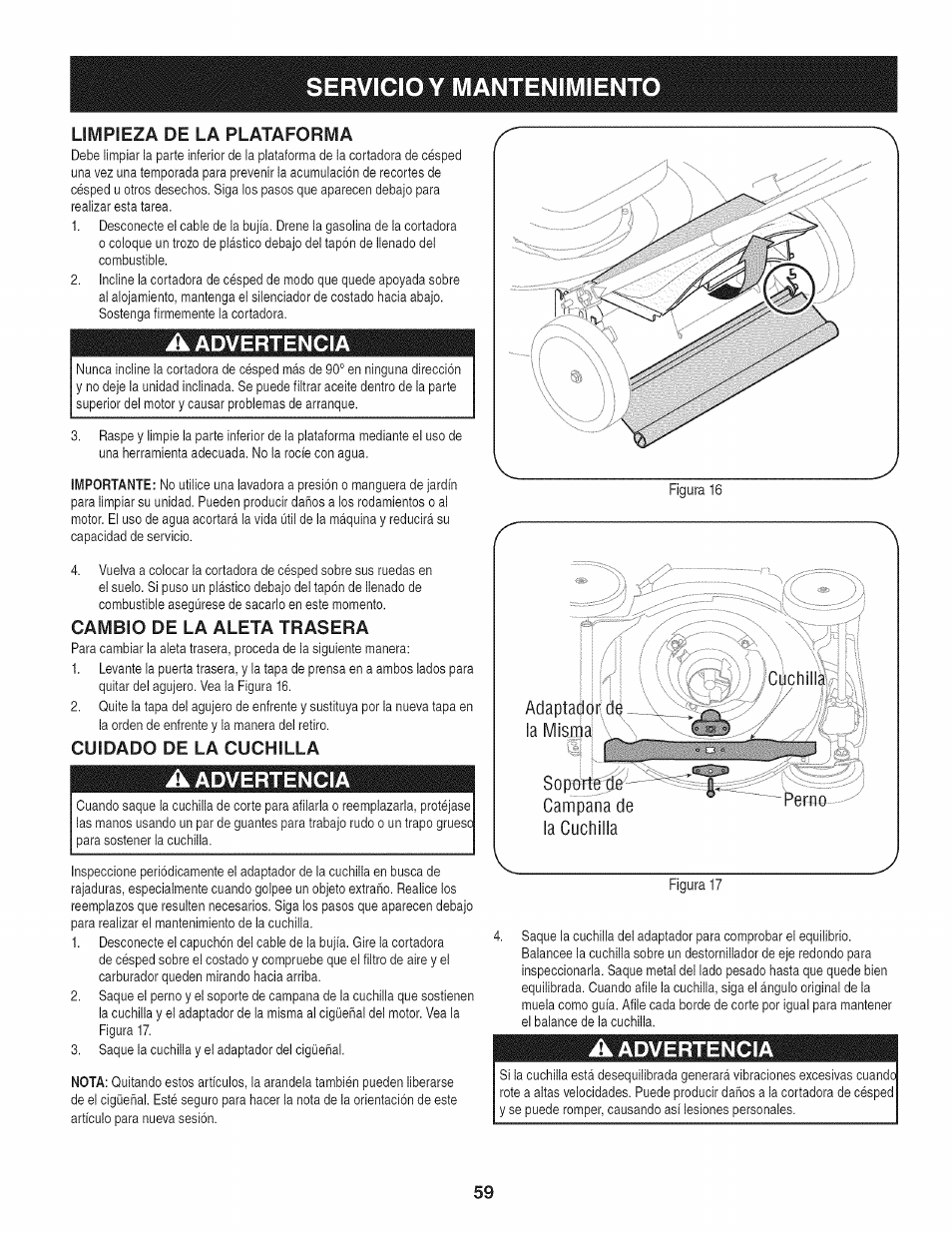 Limpieza de la plataforma, A advertencia, Cambio de la aleta trasera | Cuidado de la cuchilla, Servicio y mantenimiento, Advertencia, Fcyichiüii adaptador do la misma, Soporte oe campana de la cuchilla, Perno | Craftsman 247.37683 User Manual | Page 59 / 68