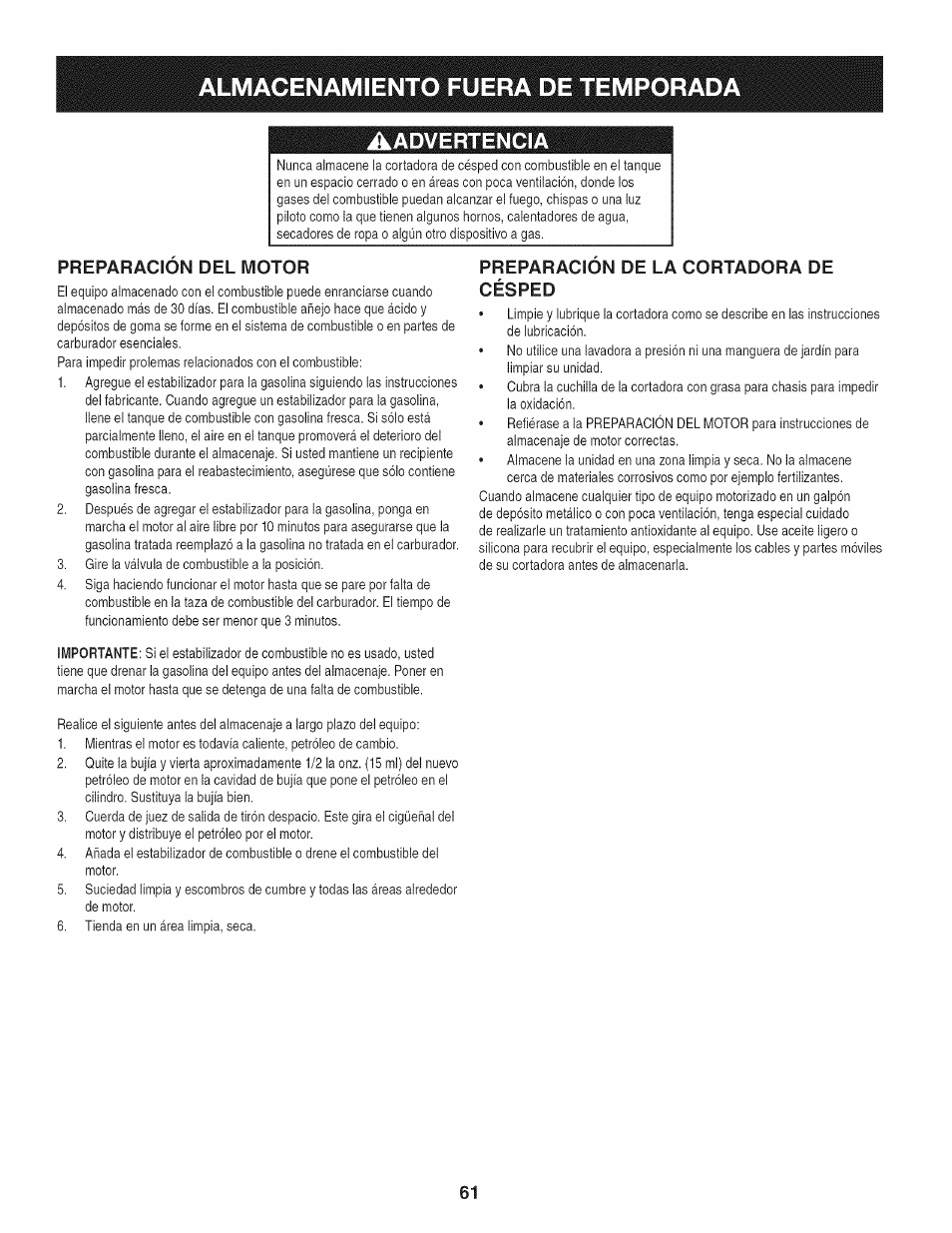 Aadvertencia, Preparacion del motor, Preparacion de la cortadora de césped | Almacenamiento fuera de temporad | Craftsman 247.37683 User Manual | Page 61 / 68